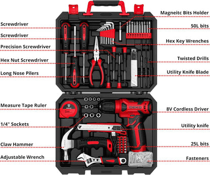 Tool Kit: 8V Cordless Drill, Home Toolbox with storage case, Hand Tool set for Home Repairs 126 Piece, Green