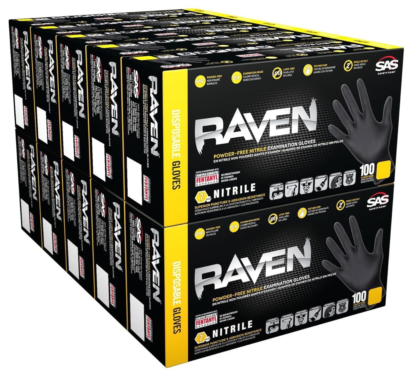 Raven Powder Free Nitrile Disposable Gloves 7 Mil - XL Latex Free, Chemical + Puncture Resistant, Textured Grip, Single Use for Automotive, Industrial, Janitorial, MRO, Food Service 66519