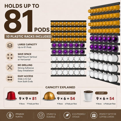 Coffee Pod Holder, Capsule Organizer for Counter,10-Pack Coffee Pods Storage/Organizers,Wall Mount with Adhesives,Coffee Station Fridge RV Kitchen-White
