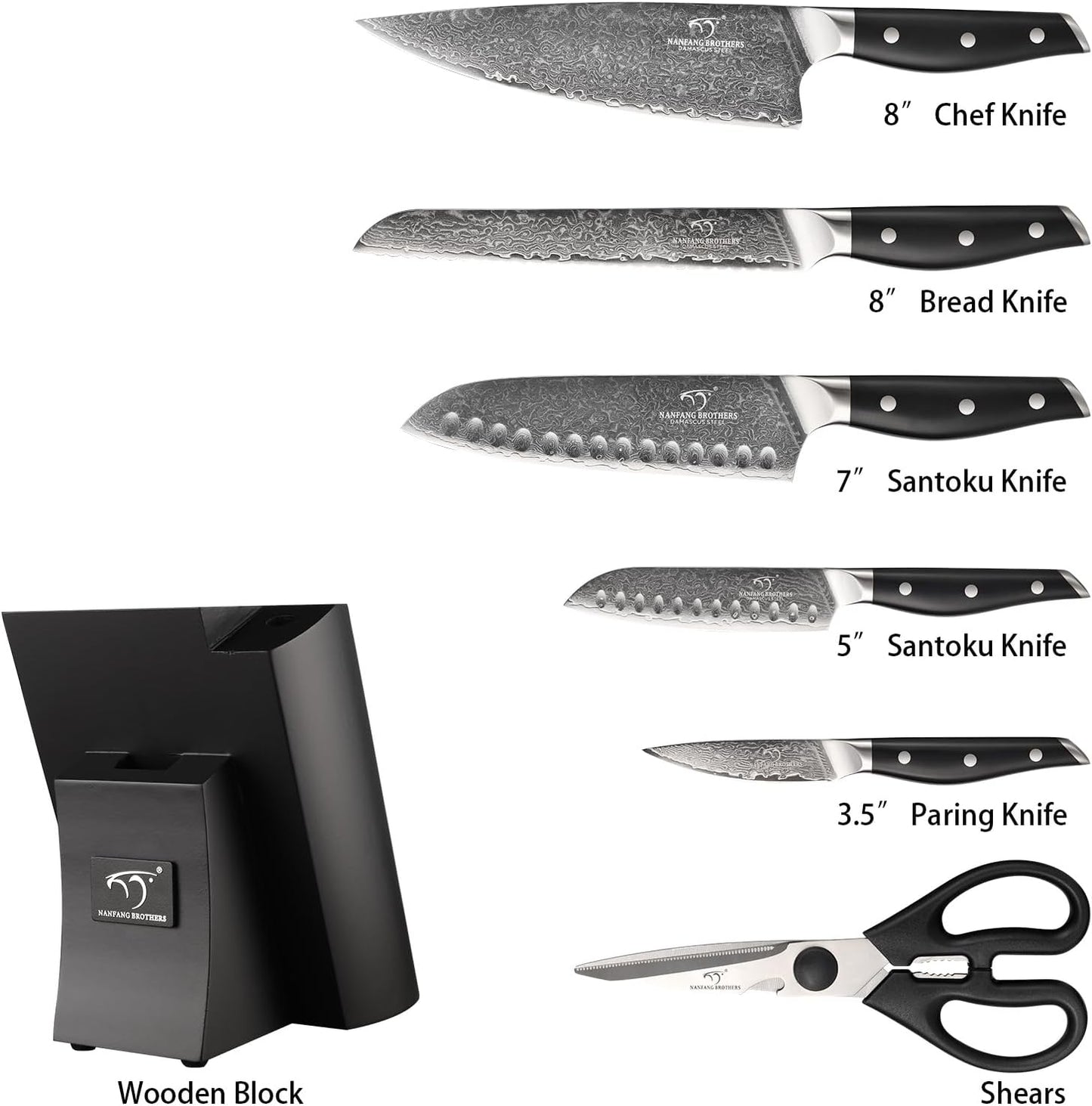 Damascus Knife Set with Block for Kitchen, 7-Piece VG10 Damascus Steel Kitchen Knife Set with Triple-Rivet Handles, Chef, Bread & Santoku Knives, Shears, Natural Wooden Block