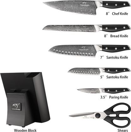 Damascus Knife Set with Block for Kitchen, 7-Piece VG10 Damascus Steel Kitchen Knife Set with Triple-Rivet Handles, Chef, Bread & Santoku Knives, Shears, Natural Wooden Block