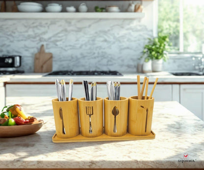 Bamboo Cutlery Holder Set - 3 Kitchen Utensils Holder Organiser with Bamboo Tray | Decorative Kitchen Countertop Stand | Knife, Fork and Spoon Holders