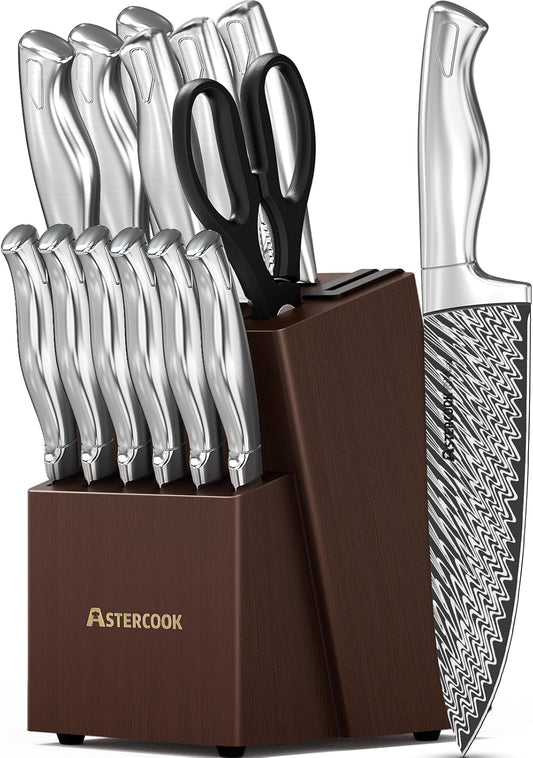 Knife Set, Astercook 21 Pieces Kitchen Knife Set with Built-in Sharpener, German Stainless Steel Knife Block Set, Razor-Sharp Knives with Full-tang Handle, Dishwasher Safe, Silver