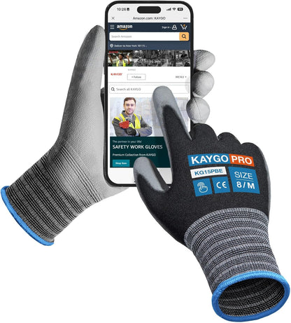 KAYGO Ultra Thin PU Coated Safety Work Gloves, 12 Pairs Nylon Knit, High Dexterity Anti-Slip Breathable Light Duty Gloves for Precision, Warehouse, DIY & Electronics (L,Gray)