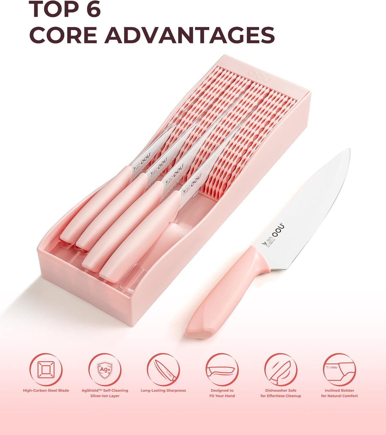 OOU 5-Piece Kitchen Knife Set with in-Drawer Organizer Tray, Space-Saving Knives Set, Organized Drawer Storage Tray for Home Kitchen, Countertop-Saving Design, Pink