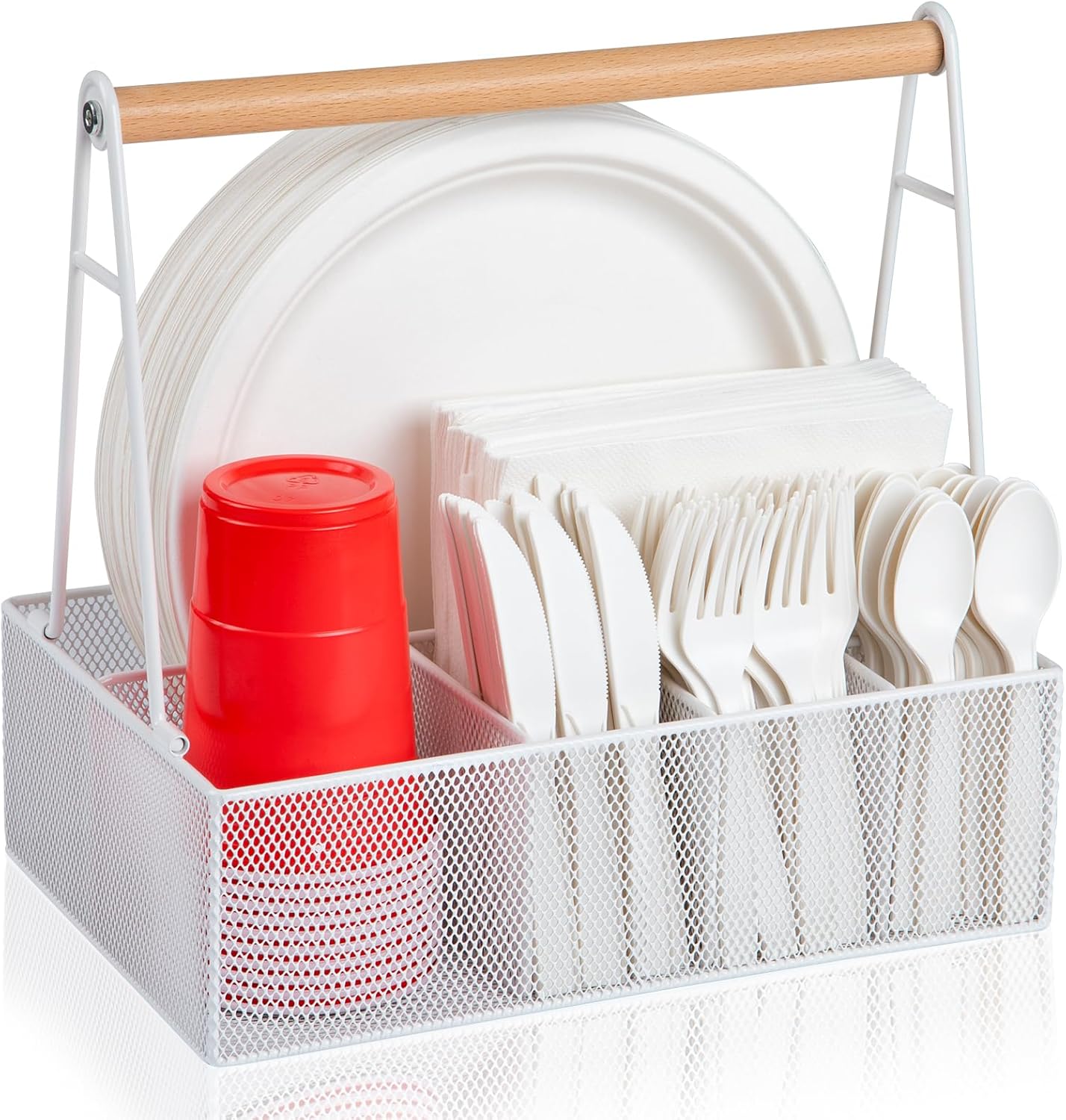 Paper Plate Organizer with Handle for Countertop, Metal Silverware Caddy for Cup, Napkin, Fork and Spoon, Paper Plate and Utensil Holder, Cutlery Caddy for Party, Camping, Picnic (Black)