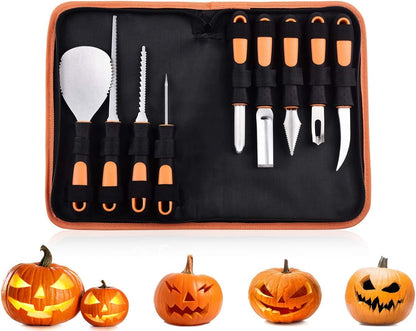 7Felicity Professional Halloween Pumpkin Carving Kit, Anti-Slip Rubber Handle, 9 Piece Stainless Steel Pumpkin Carving Tools Knife Set for Halloween DIY Decoration, with Storage Bag and Stencils