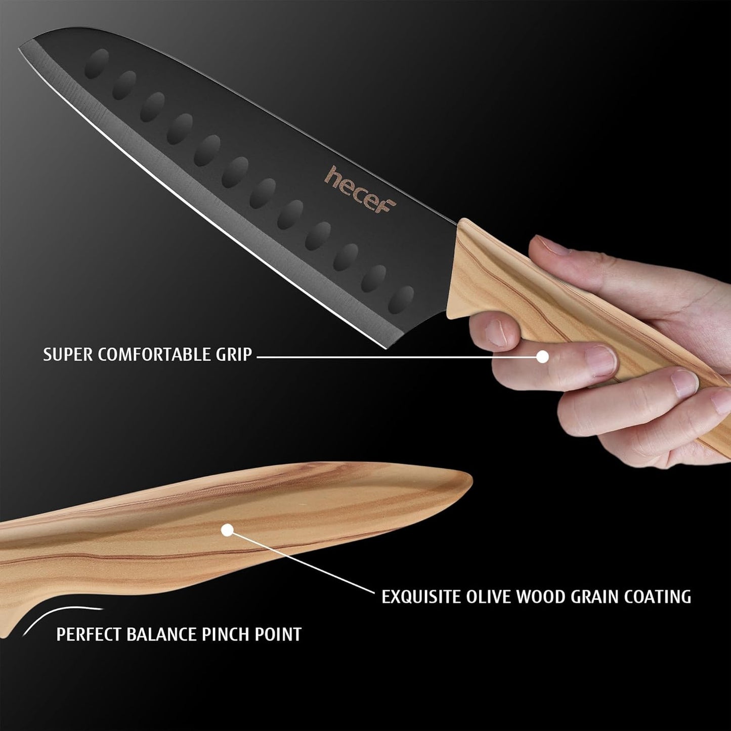 hecef Knife Set of 3, Stainless Steel Blade with Non-stick Coating, Sharp Kitchen Knives Includes Santoku, Utility, Paring Knives