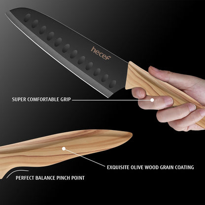 hecef Knife Set of 3, Stainless Steel Blade with Non-stick Coating, Sharp Kitchen Knives Includes Santoku, Utility, Paring Knives