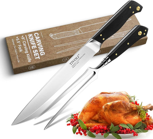 TIVOLI Turkey Carving Knife Set, Carving Fork & Knife for Roast, Meat, BBQ, Brisket, Razor Sharp Premium German Steel Full Tang 8-Inch Slicing Knife with 6.5-Inch Fork Set, Ergonomic Handle- Gift Box