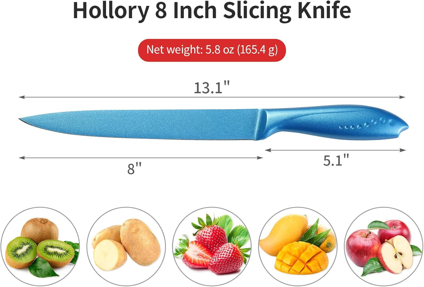 8 Inch Slicing Knife, German High Carbon Stainless Steel Blade and Ergonomic Comfortable Handle, Non-Stick Slicer Knife for Carving Slicing Cutting of Meat Vegetables and Fruits-Blue