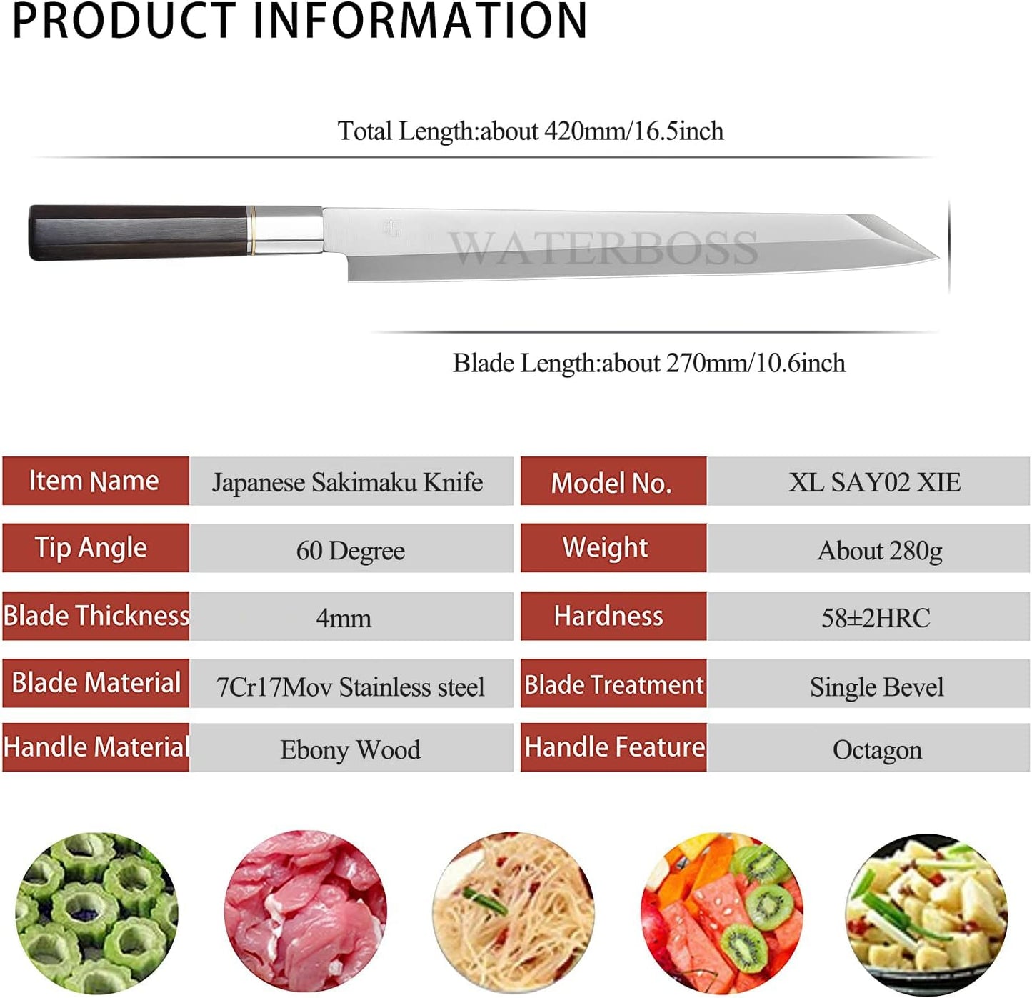 Waterboss,Japanese Sushi Chef Knife Salmon Knife Slicer Razor Sharp Sashimi Watermelon Knives, 5Cr15mov Stainless Steel Sashimi Yanagiba Knife, Maple Handle, 11.8inch (300mm)