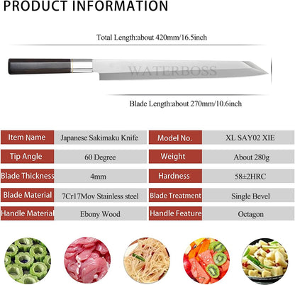 Waterboss,Japanese Sushi Chef Knife Salmon Knife Slicer Razor Sharp Sashimi Watermelon Knives, 5Cr15mov Stainless Steel Sashimi Yanagiba Knife, Maple Handle, 11.8inch (300mm)