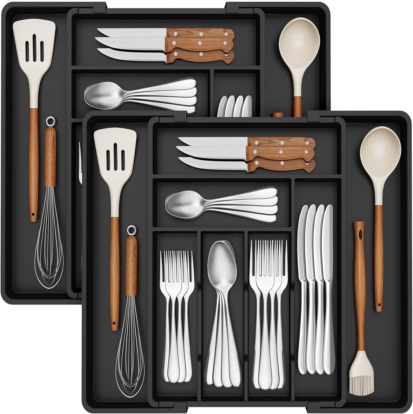 Lifewit Expandable Silverware Drawer Organizer, Adjustable Utensil Cutlery Tray for kitchen, Plastic Flatware Spoon Fork Knives Holder Storage Divider, 2 Pack, Black