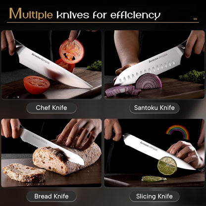 Astercook Knife Set, Kitchen Knives Set with Block and Dual Sharpener Full Tang 15 Pcs German Stainless Steel Knives Sharp Blade Dishwasher Safe Knife Set with Ergonomic Handle, Elegant Black