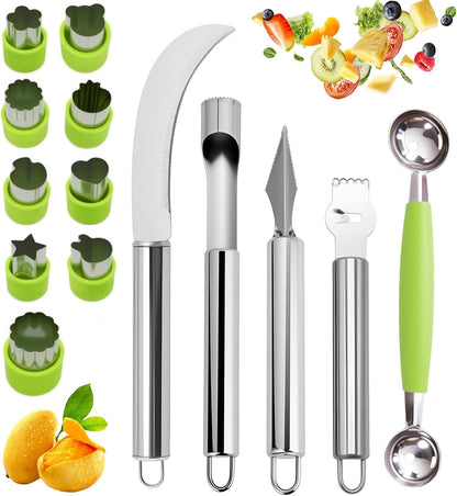 14PCS Fruit Carving Tools Set, Stainless Steel Melon Baller Scoop Set, Fruit Cutters Shapes, Cantaloupe Cutter Slicer Tool Piranha Spiral Cutter and V-Tool for Fruits Vegetable Sculpting