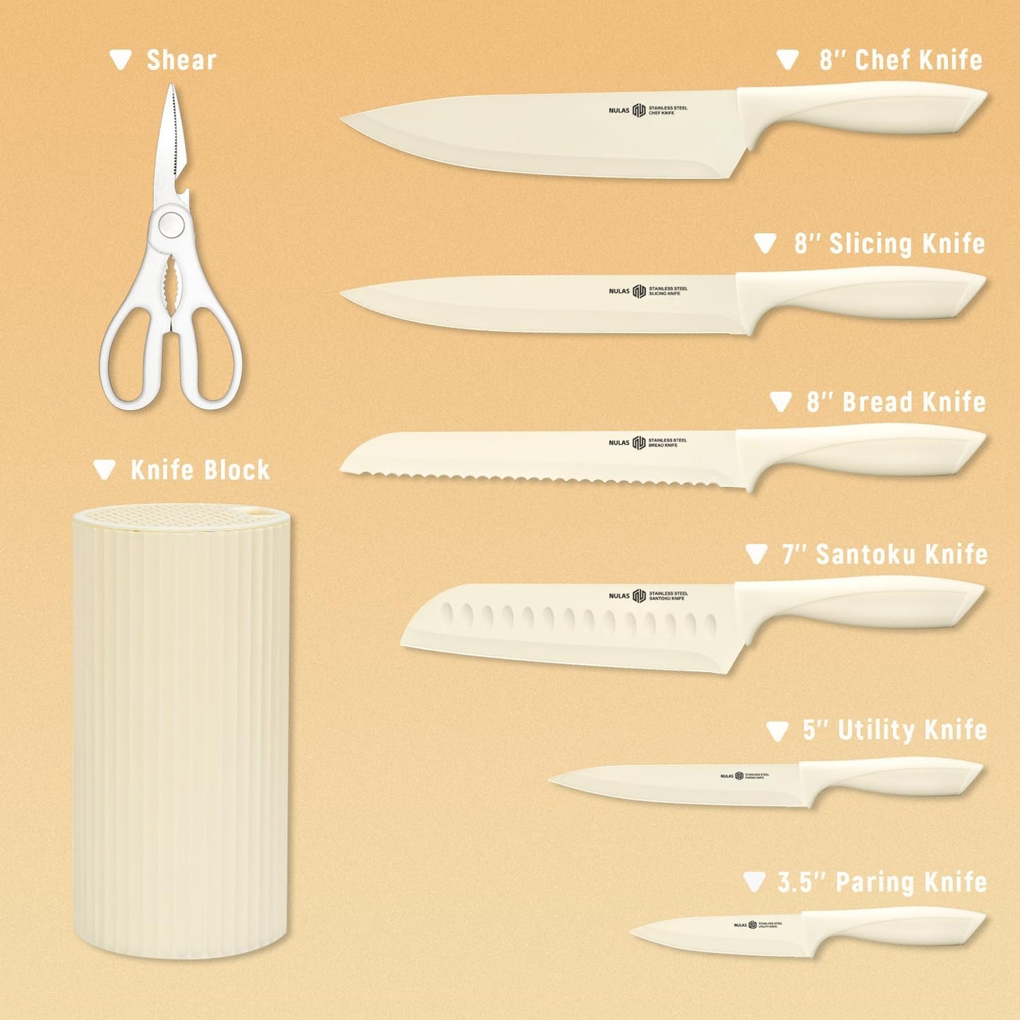Knife Set, 8-Piece Kitchen Knife Set with Universal Block - Anti-Rust Chef Knives, Ergonomic Design, Dishwasher Safe (Black)