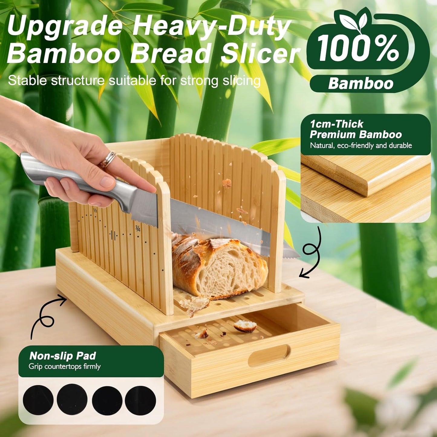 Bread Slicer for Homemade Bread, 5-Piece Bamboo Sourdough Bread Cutter Kit with Knife & Crumb Tray& Bread Bag, Manual Loaf Slicer Adjustable Bread Slicer Guide for Bagels, Sandwiches, Baking Tools