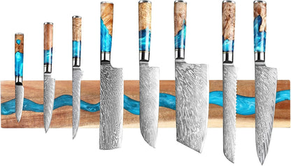 Magnetic Knife Holder, 15.7 Inch Walnut Wood and Resin Magnetic Knife Bar for Wall, Heavy Duty Magnet Holds 8 Knives, Handcrafted Ocean Blue (Ocean's Embrace)