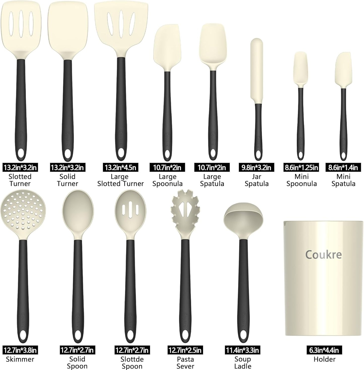 Coukre Silicone Kitchen Cooking Utensils Set with Holder – Heat-Resistant, Food-Grade Kitchen Tools, Spatula, Spoon & Gadgets for Non-Stick Pans, Dishwasher Safe (14, PureBlack)