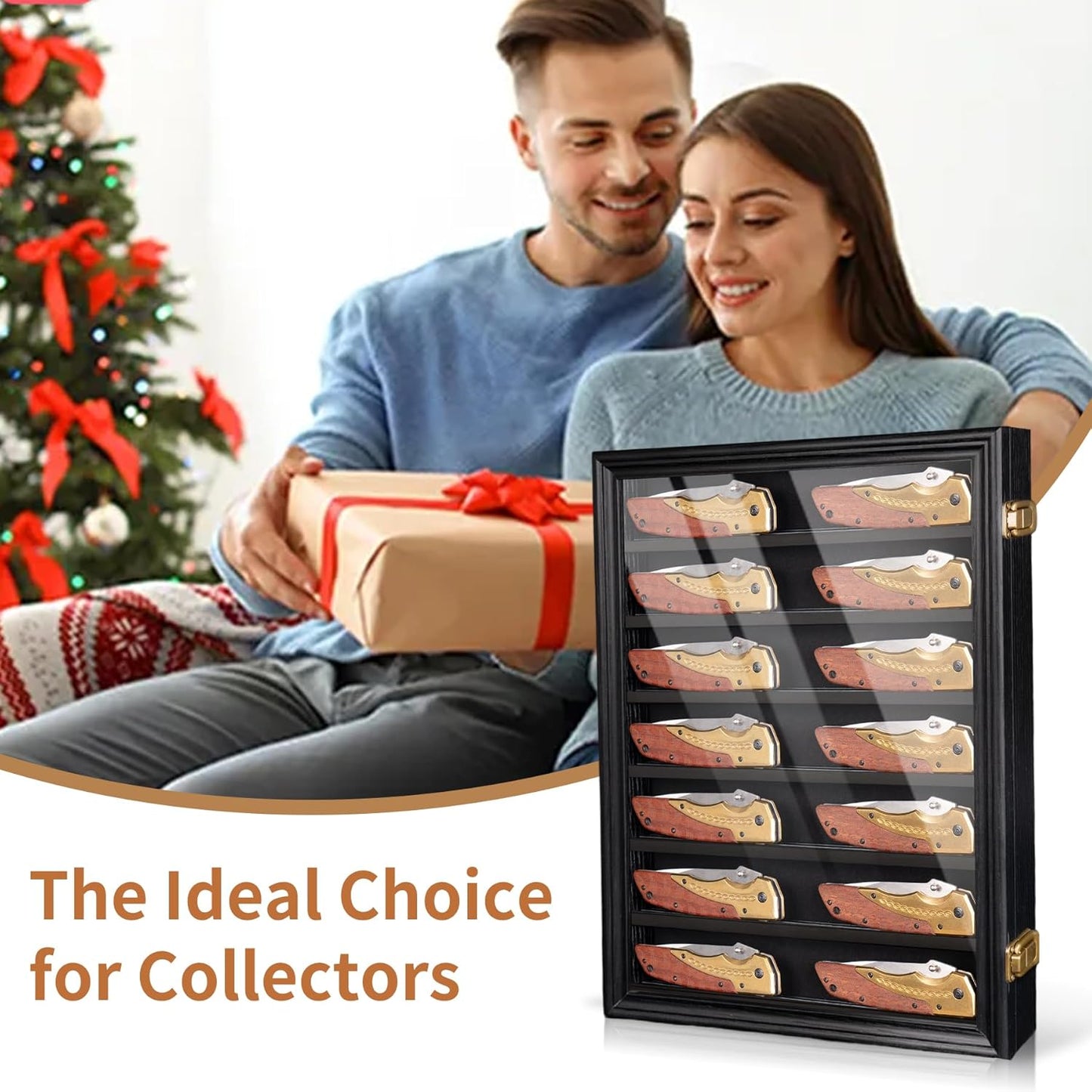 7 Row Knife Display Case for Wall Wooden Folding Knife Storage Stand with HD Tempered Glass & Removable Shelves Military Knife Organizer for Collections - Black