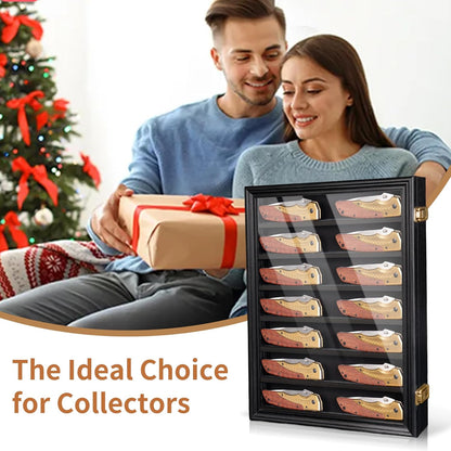 7 Row Knife Display Case for Wall Wooden Folding Knife Storage Stand with HD Tempered Glass & Removable Shelves Military Knife Organizer for Collections - Black
