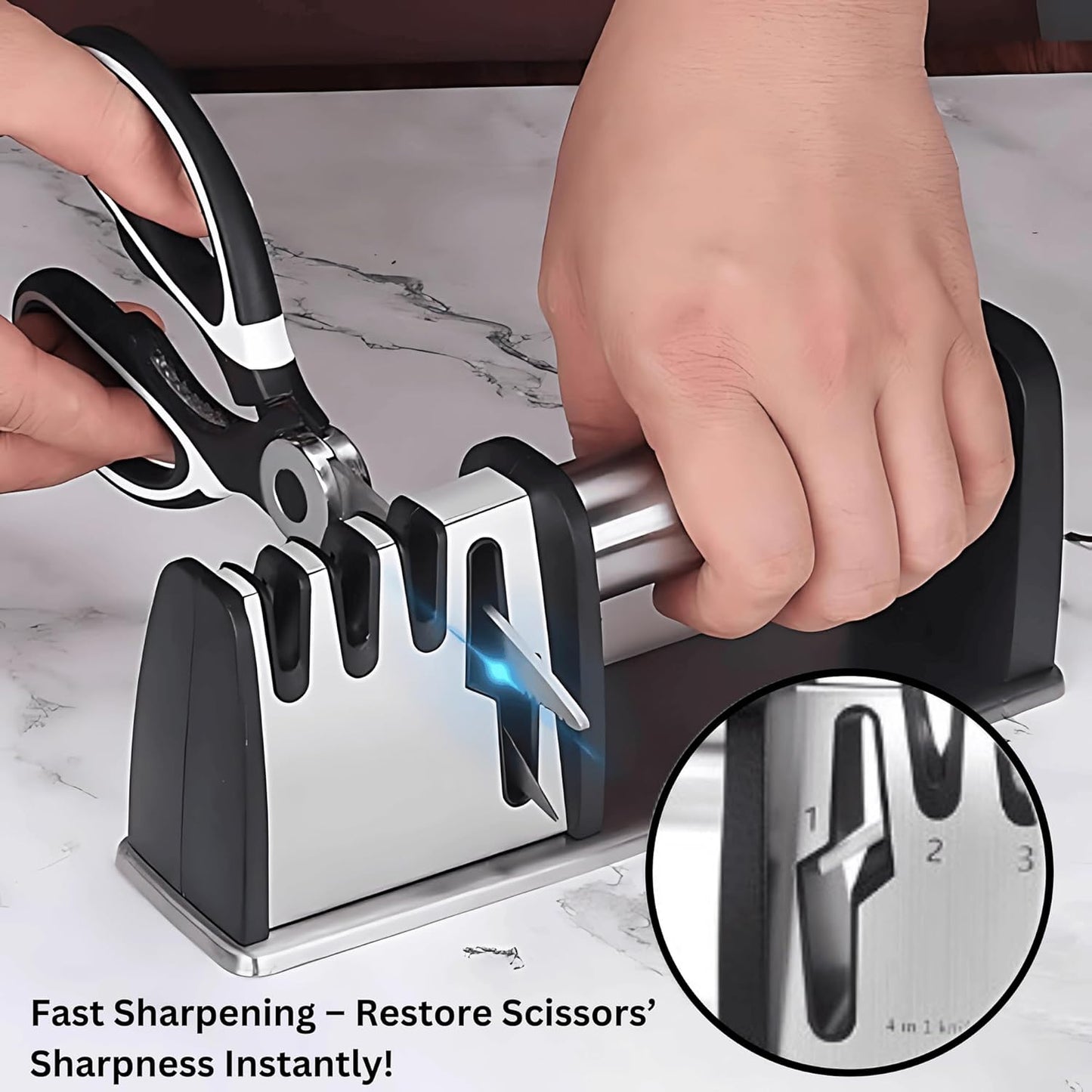 Knife Sharpener, 4 in 1 Manual Kitchen Knives & Scissors Sharpener – Diamond, Tungsten & Ceramic Blades, Ergonomic Non-Slip Knife Sharpening Kit, Compact, Easy & Safe to Use, Black