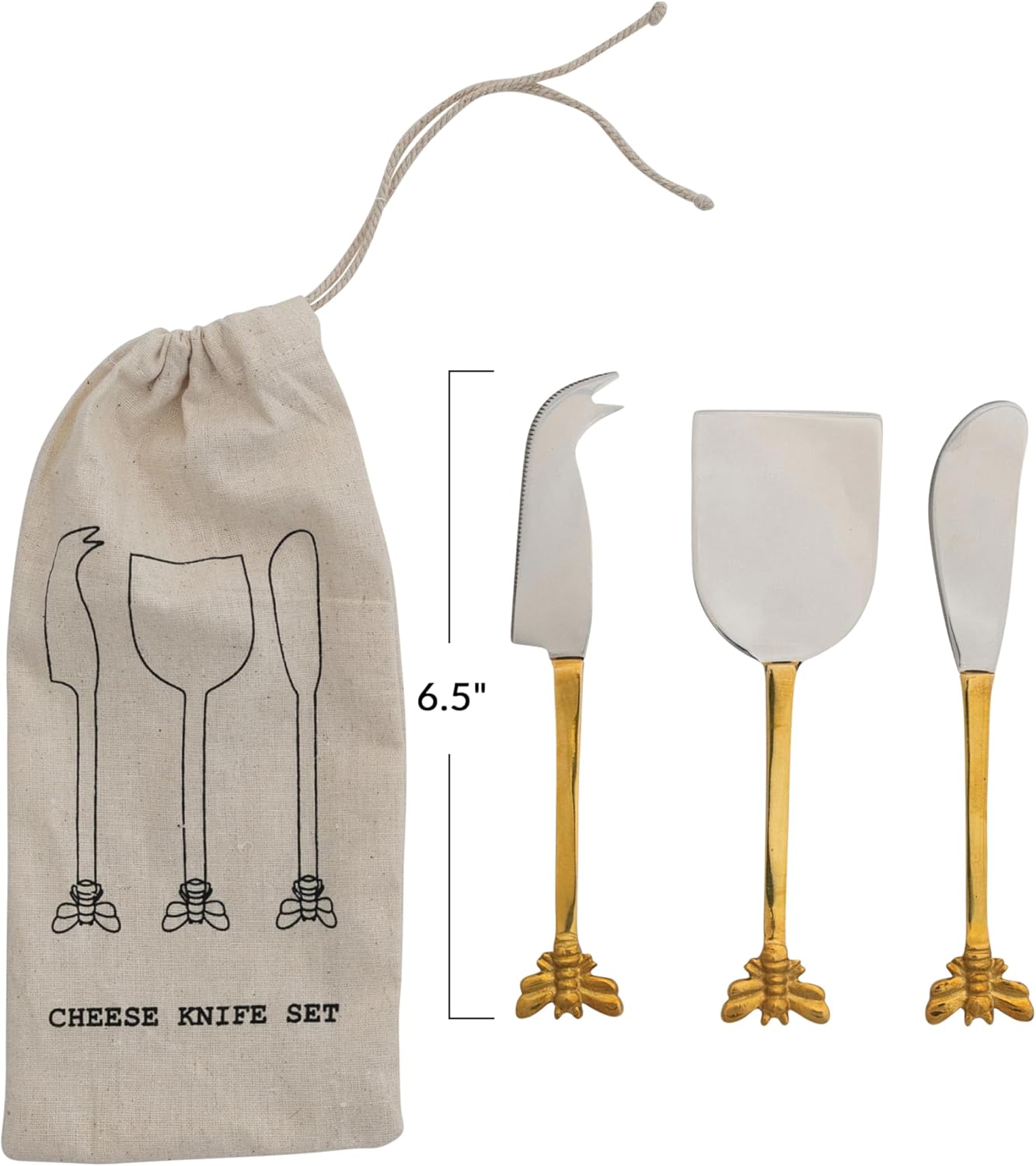 Creative Co-Op 3-Piece Stainless Steel Cheese Knives with Bee Handles, Gold