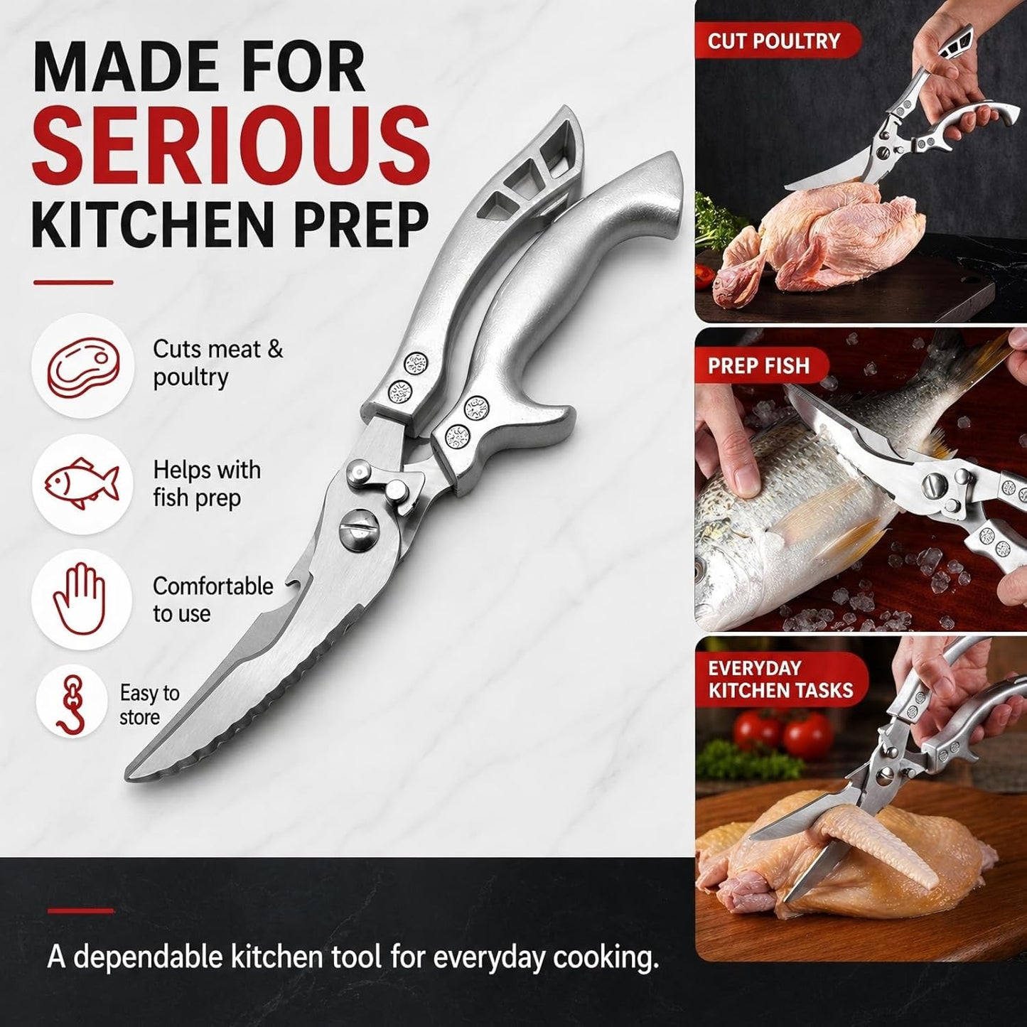 Poultry Shears - Heavy-Duty Kitchen Scissors with Fish Scaler & Bottle Opener, 2CR14 Stainless Steel, Spring Loaded, Multi-Purpose Scissors for Meat, Chicken, and Fish, Dishwasher Safe.