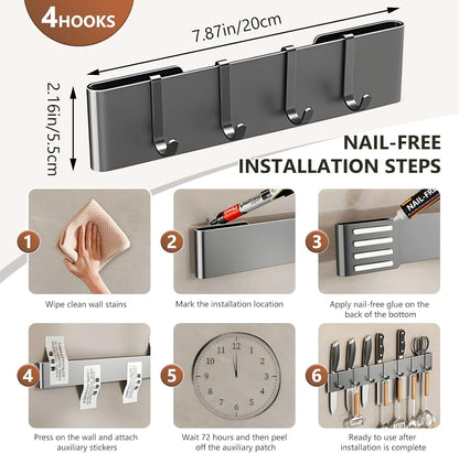 Knife Holder for Wall Mount-Knife Strips with Hooks Stainless Steel Wall Knife Rack-Knife Block-Knife Rack-Utensil Hanger-Kitchen Utensil Holder (Black, 50 CM+9 Hooks)