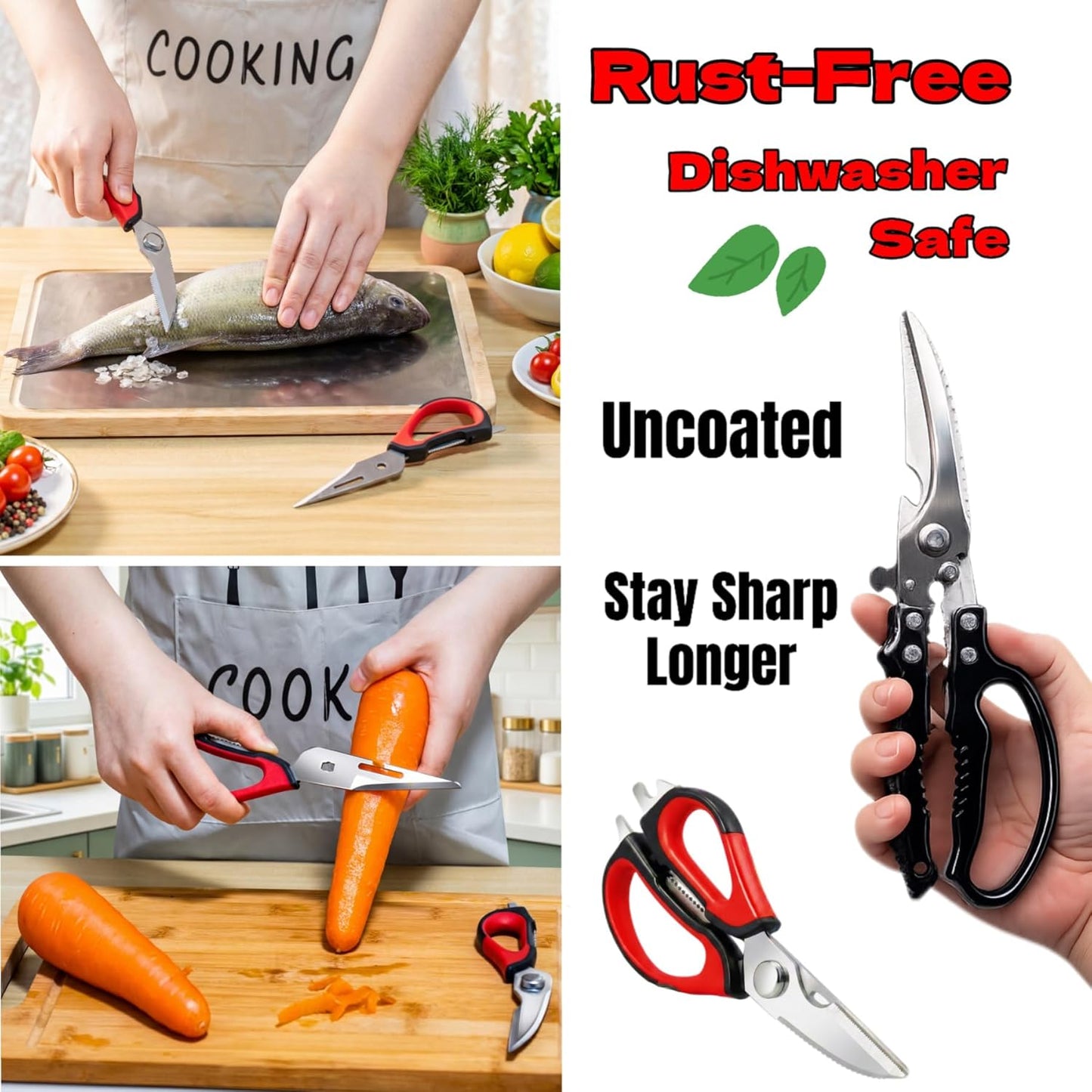2-Pack Heavy Duty Kitchen Shears - Ultra Sharp All Purpose Food Scissors for Cutting Chicken Bones, Meat & Vegetables, Multi-Function Stainless Steel Cooking Shears (Black & Red)