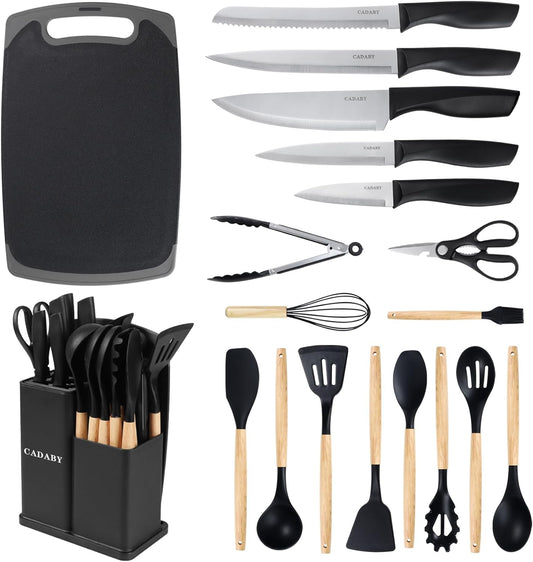 19 PCS Kitchen Cooking Utensils Set, 11 Pieces Silicone Cooking Utensils Set 6 Pieces Sharp Stainless Steel Green Knife Set with 1 Piece Cutting Board, Ideal for Apartment