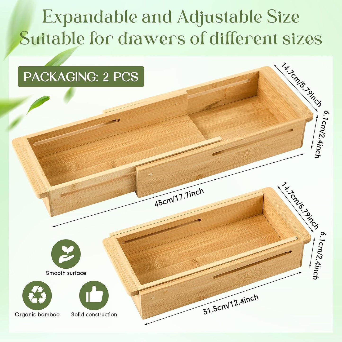 LemonRoad 1 Pcs Sliding Drawer Organizer Bin Bamboo Drawer Expandable Bins Utensil Organizer for Kitchen Spoons Forks Knives (Wood)