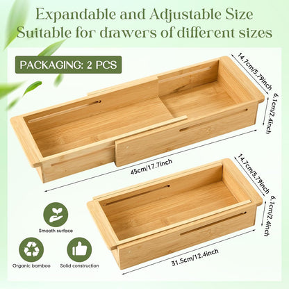 LemonRoad 1 Pcs Sliding Drawer Organizer Bin Bamboo Drawer Expandable Bins Utensil Organizer for Kitchen Spoons Forks Knives (Wood)