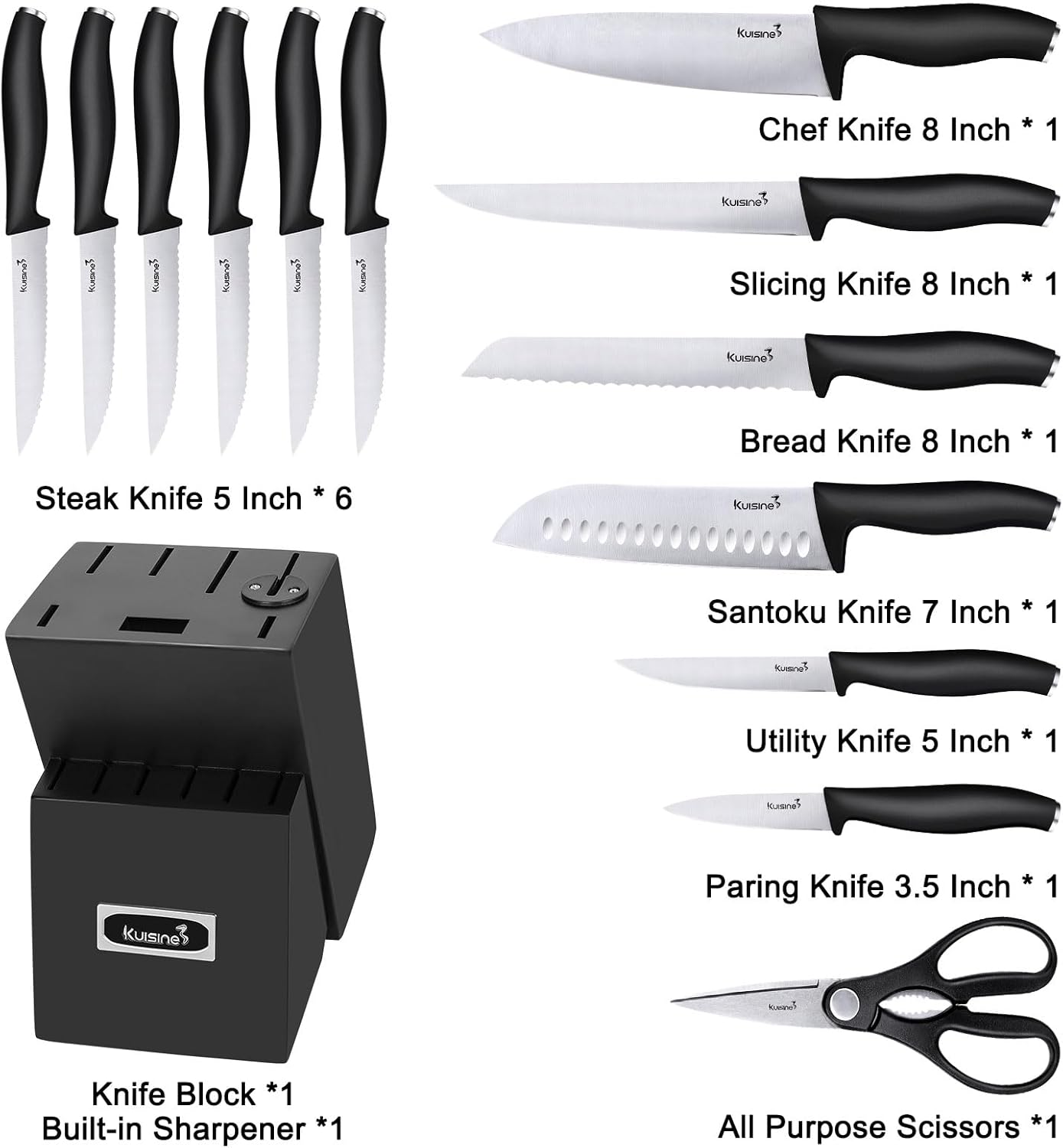 Kuisine Knife Set 15 pieces High Carbon Stainless Steel Professional Kitchen Knife block set with Sharpener Black