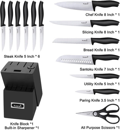 Kuisine Knife Set 15 pieces High Carbon Stainless Steel Professional Kitchen Knife block set with Sharpener Black