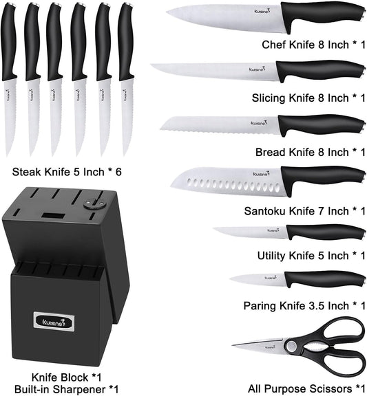 Kuisine Kitchen Knife Set With Block and Sharpener 15 pieces High Carbon Stainless Steel Sharp Professional Appliances Black