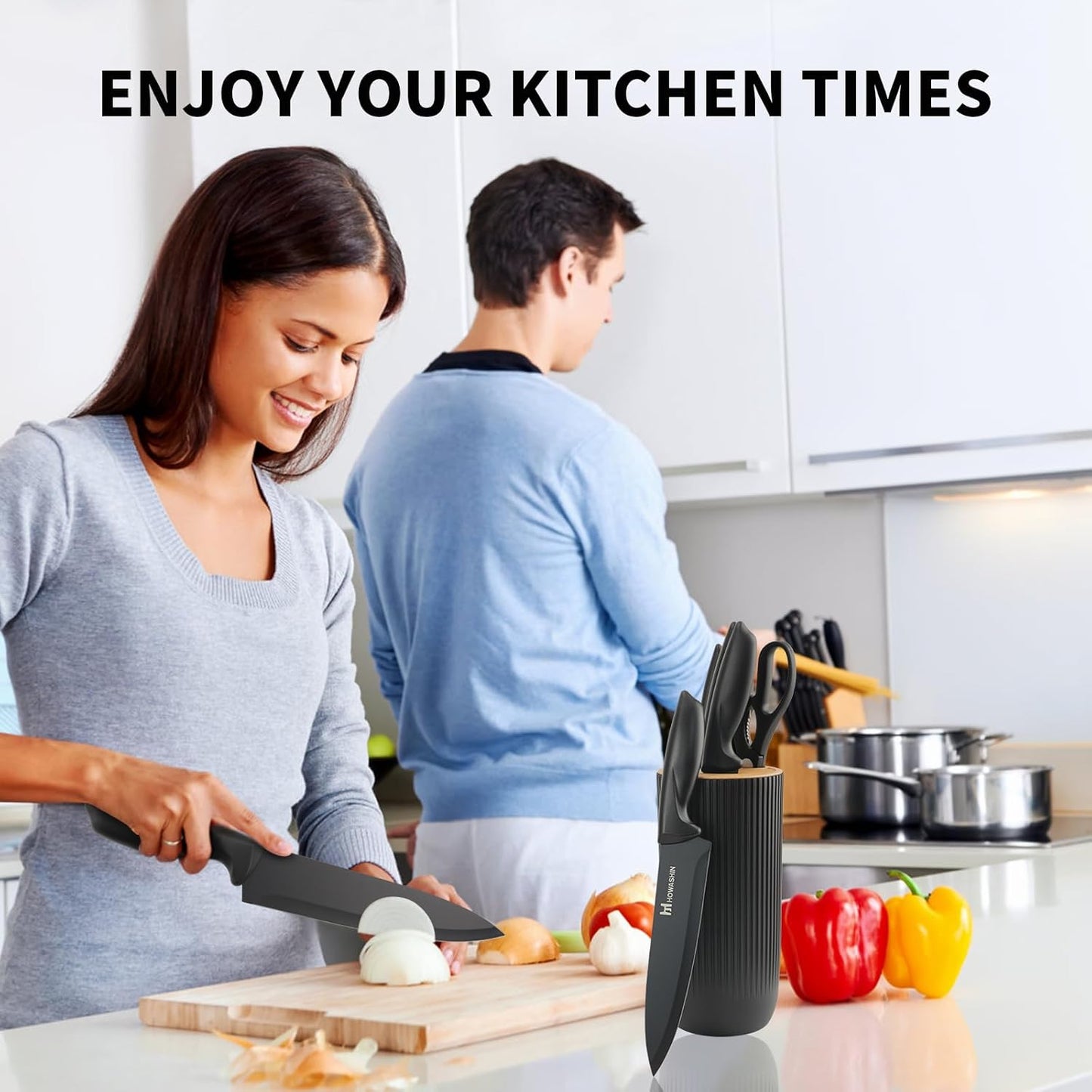 Knife Set - 6 Piece Knife Block Set, Knives Set for Kitchen Scissors With Compact Holder, No Stick Sharp Chef Knife, Razor Sharp Ergonomic Handle Design (Khaki)