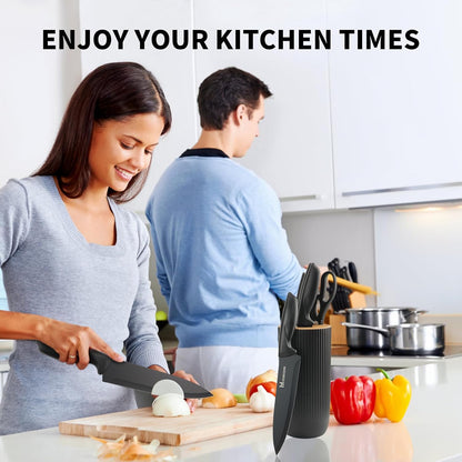 Knife Set - 6 Piece Knife Block Set, Knives Set for Kitchen Scissors With Compact Holder, No Stick Sharp Chef Knife, Razor Sharp Ergonomic Handle Design (Khaki)
