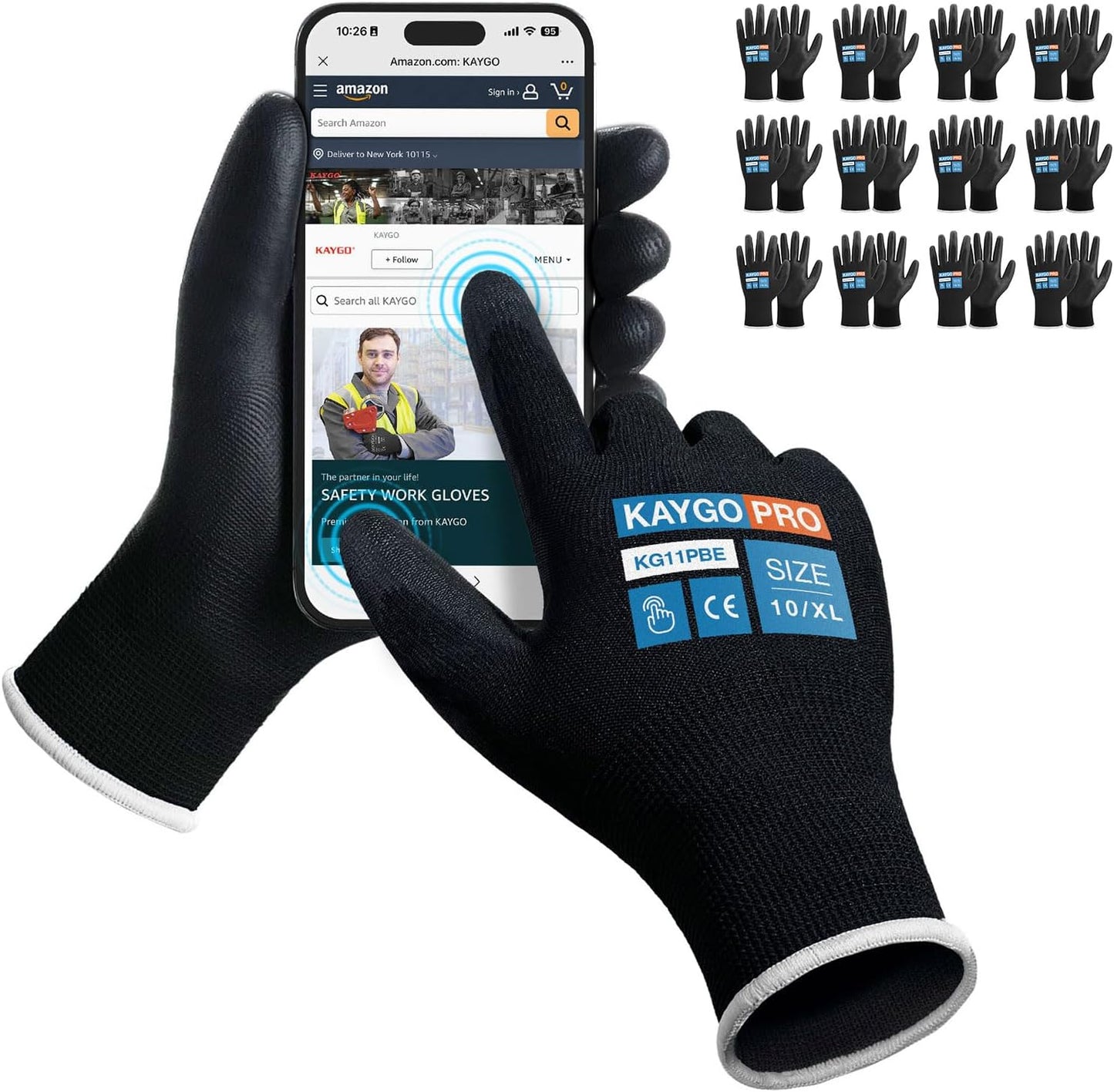 KAYGO Work Gloves for Men and Women,12 Pairs Seamless Knit PU Coated Safety Gloves, with Smooth Grip on Palm and Fingers, Ideal for Light Warehouse, Manufacturing, Gardening, KG11P (M, Black)