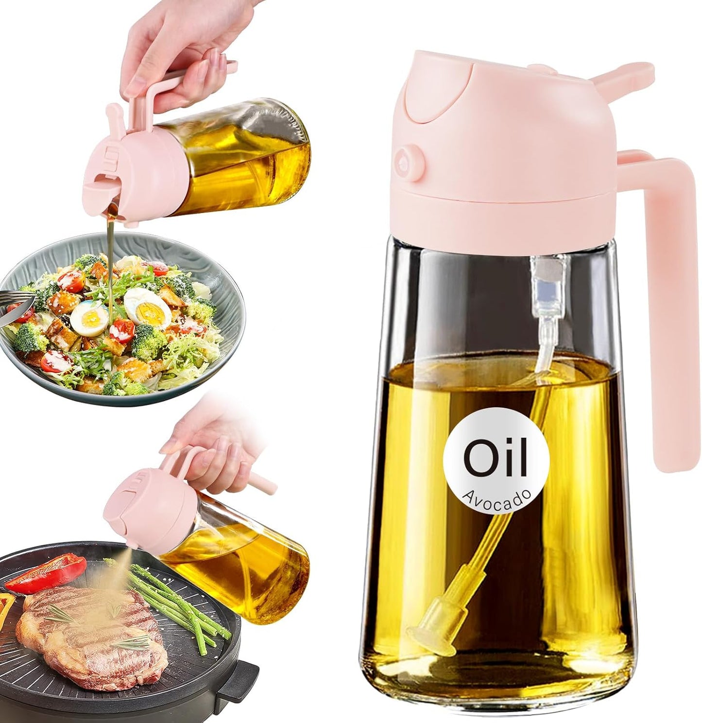 YARRAMATE 16oz/470ml Glass Olive Oil Sprayer for Cooking with Stickers, 2 in 1 Oil Dispenser for Kitchen Gadgets, Food Grade Premium Spray Bottle for Salad, Frying, BBQ (Creamy White)