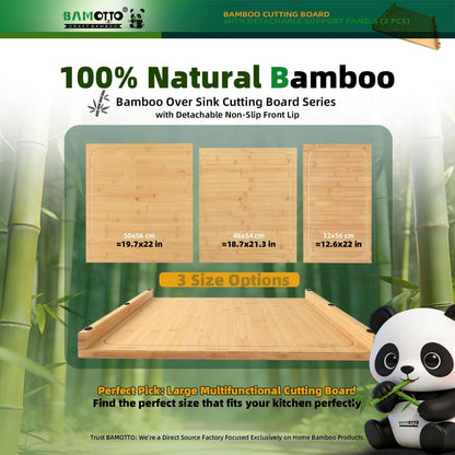 BAMOTTO CRAFTBAMBOO 18.1x21.3 Inch Large Bamboo Cutting Board with 2 Detachable Support Panels, Reversible, Kitchen Countertop Dishwasher Cover & Over Sink, Tray and Carving Board