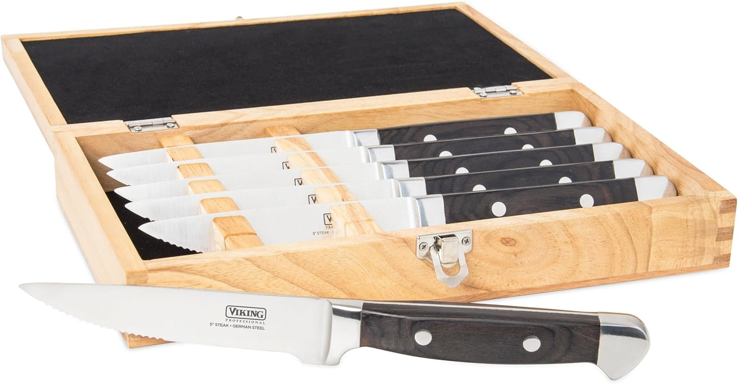 Viking Steak Knife Set, 6-Piece German Stainless Steel Knives with Pakkawood Handles and Wooden Box, Hand Wash Only, Red