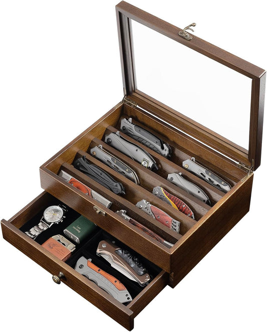 Knife Display Case, Knife Collection Display Holder with Glass Lid, 3-Layer Wooden Pocket Knife Case with Drawers