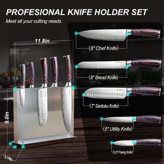 Kitchen Knife Set with Block - 6 Pcs Chef Knife Block Set, 5 Pcs High - Carbon Stainless Steel Razor - Sharp Knives with a Magnetic Knife Block Holder, Versatile and Professional Kitchen Knives Set