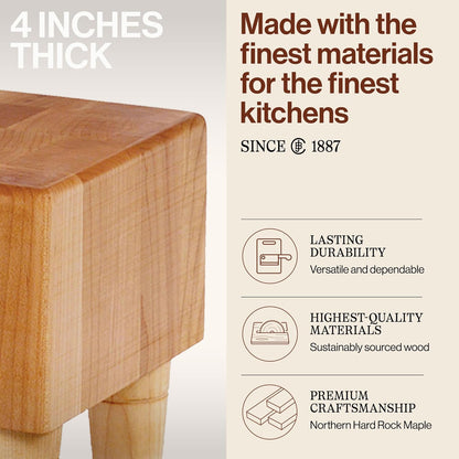 John Boos MC Series Square Wooden Maple Cutting Board 12”x12” – 3” Thick, 13-lb Non-Reversible Butcher Block with Raised Feet & End-Grain