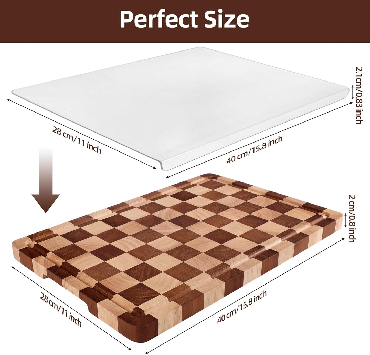 Checkered Cutting Board for Kitchen - Solid Wood End Grain Checkerboard Chopping Board with Handle & Juice Groove, Double Sided for Cooking, Serving and Decor, Rectangular 16" x 12" x 1"