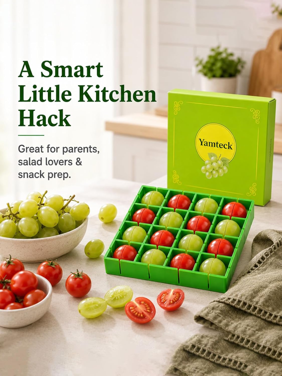 Grapes Cherry Tomatoes Cutter Slicer Half or Quarter Cutting 16Pcs at a Time, Food Grade Material, Dishwasher Safe, Fruit Container Holder Cutter for Salad Kids Baby Toddlers' Snacks