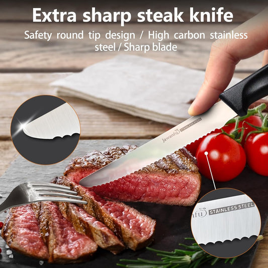 Steak Knife Set of 6, Serrated Steak Knives, Premium Stainless Steel Multi Functional Knife, Dishwasher Safe, Black