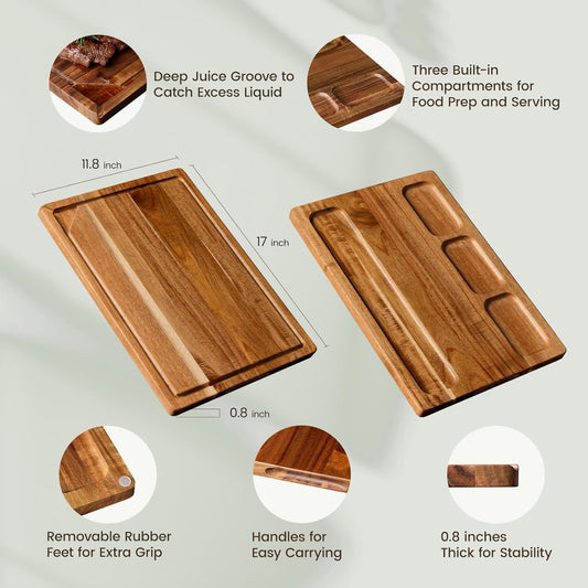 Acacia Wood Cutting Boards for Kitchen, Kikcoin 3 PCS Wooden Cutting Board Set with Holder, Chopping Board with Compartments and Juice Groove, Solid Charcuterie Boards Serving Tray Wood Butcher Block